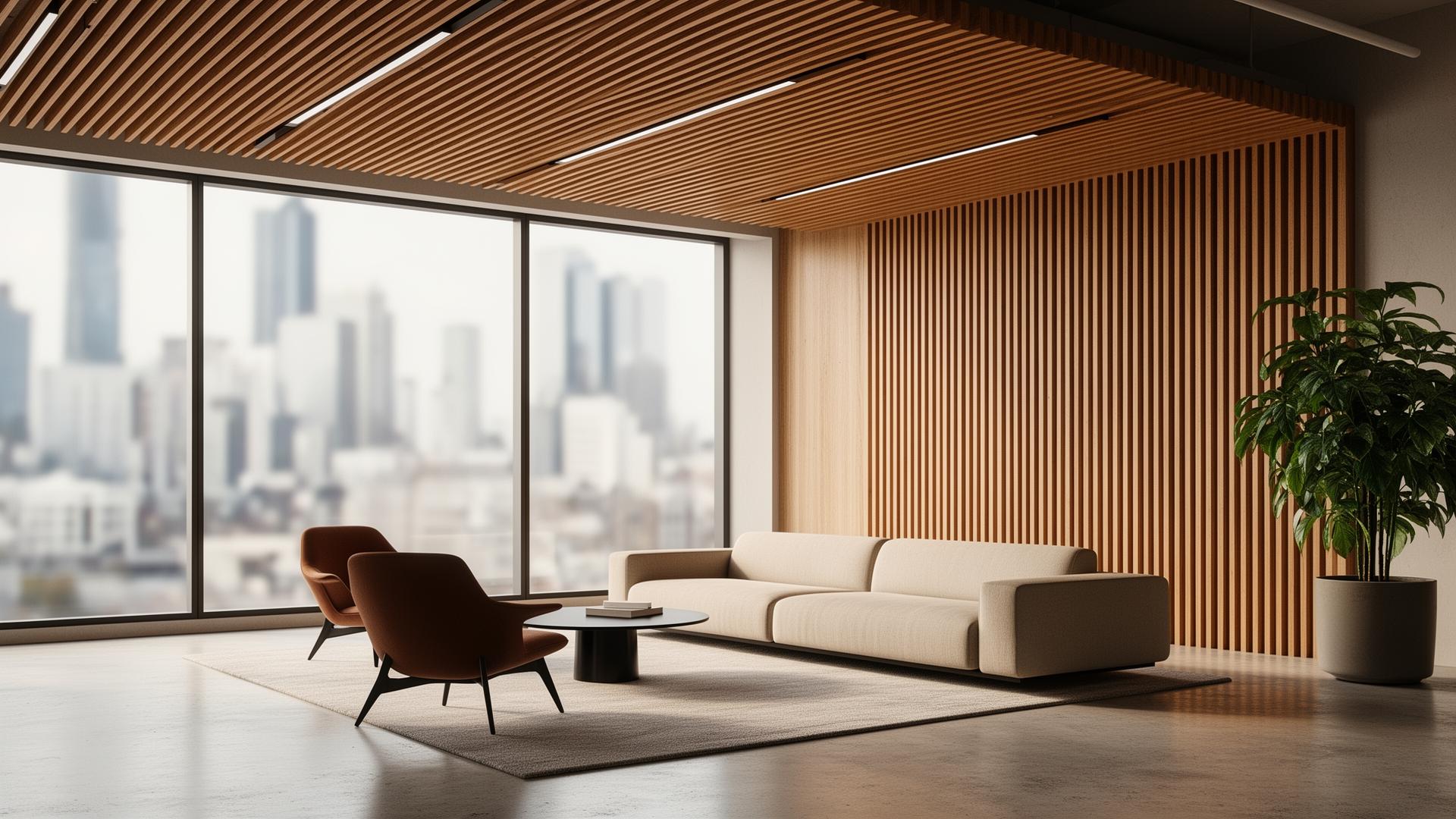 Modern office with wood slat acoustic ceiling and wall